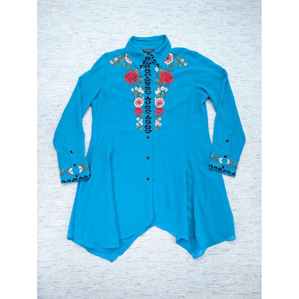 Tunique Embroidered Button Up Top Handkerchief Hem Aqua Blue Medium Western Boho